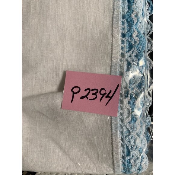 Vintage Linen Table Runners with Blue Crochet Trim 36x12 - Picture 6 of 6